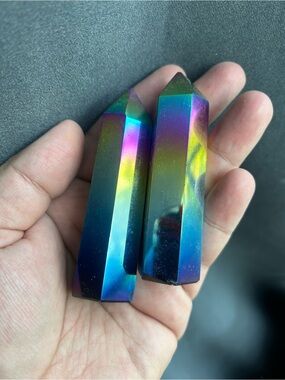 Iridescent Rainbow Titanium Aura obsidian Point Pair